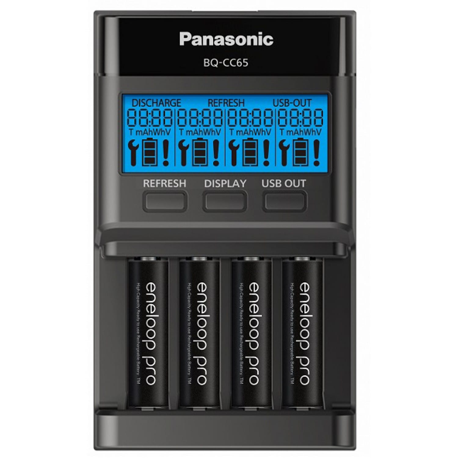 Умное зарядное. Panasonic Eneloop BQ-cc65 Pro. Panasonic "Smart-quick" Charger 4-POS AA/AAA, BQ-cc55e. Eneloop BQ-c55. З/У для аккумуляторов Panasonic BQ-cc65e AA/AAA 4 слота USB (1/8).