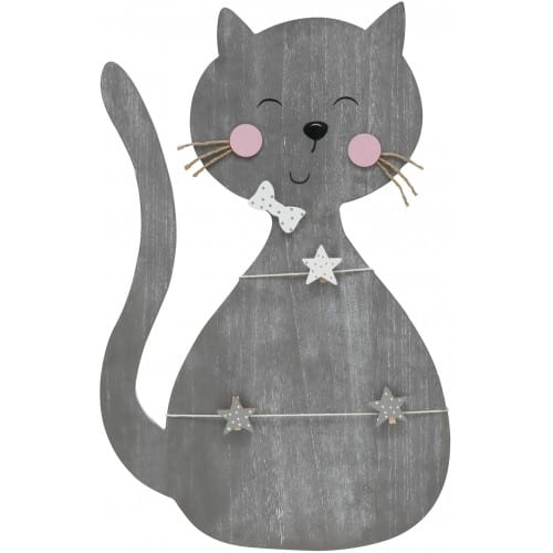 S67TT5 E - Panneau bois gris forme chat avec 2 cordes et 3 pinces - 38x59cm