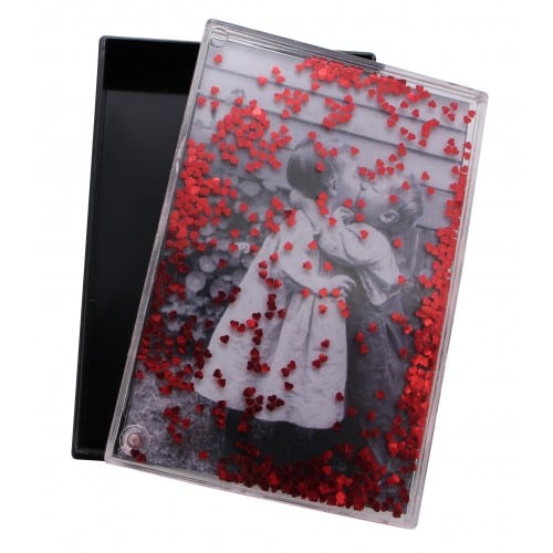 Boîte cadre photo TECHNOTAPE rectangle - Noir - 158x108x48mm - Décor eau + paillettes cœurs rouges