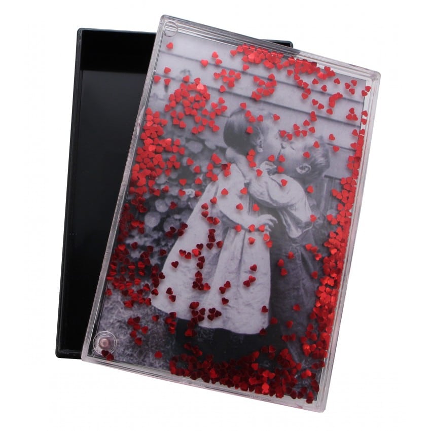 Boîte cadre photo TECHNOTAPE rectangle - Noir - 158x108x48mm - Décor eau + paillettes cœurs rouges