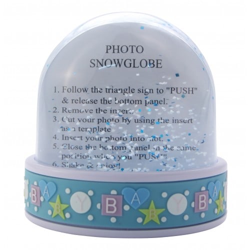 Boule à neige TECHNOTAPE Baby Blue - avec insertion photo - Paillettes bleues & blanches - Dim. 7x6,5cm