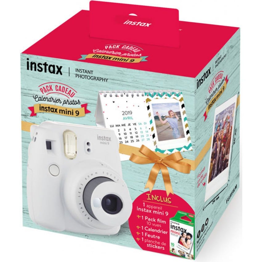 Instax Mini 9 "Smoky White Calendar Pack" : Appareil instantané Blanc cendré + 1 monopack mini (10v) + 1 feutre Instax + 1 calen