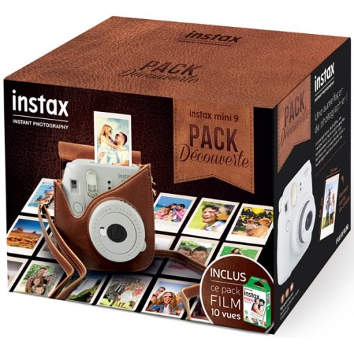 Instax Mini 9 "Pack Découverte blanc cendré" : Appareil Blanc cendré + 1 pack mini (10v) + 1 housse Marron