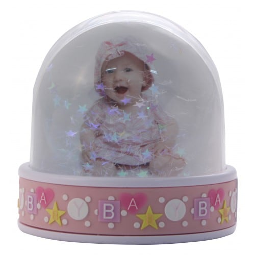 Boule à neige TECHNOTAPE Baby Pink - avec insertion photo - Paillettes étoiles argentées & roses - Dim. 7x6,5cm