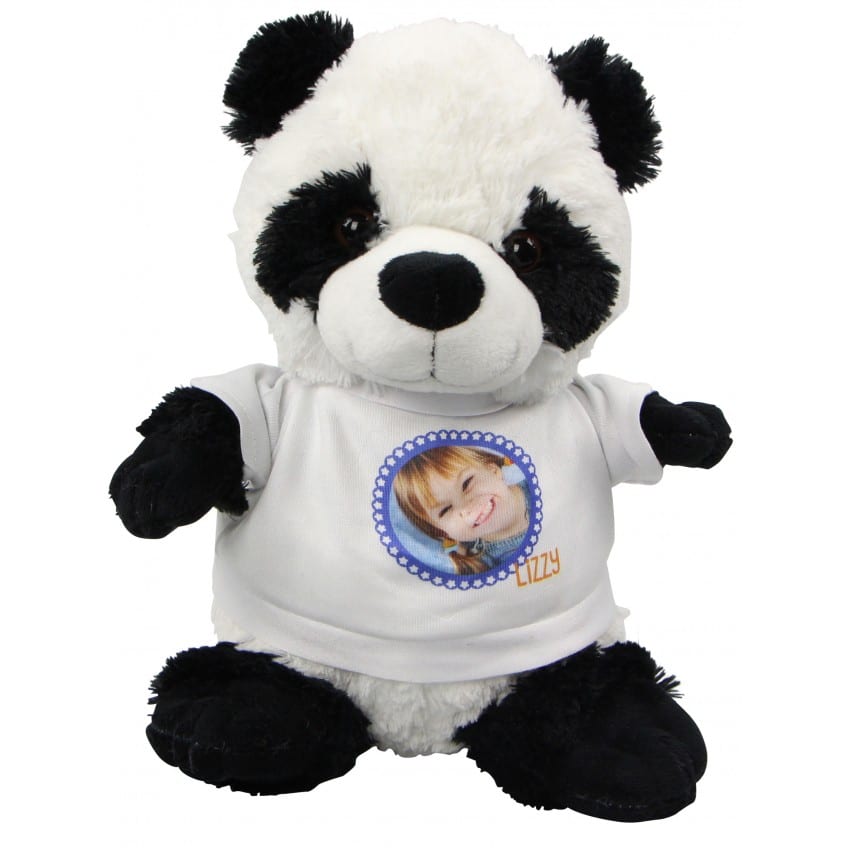 Peluche TECHNOTAPE "Panda" + T-shirt blanc 100% polyester - Certifiée conforme aux normes de sécurité européenne - Hauteur 21cm