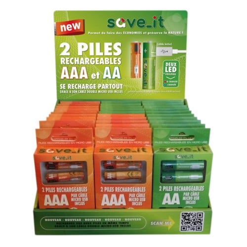 SAVE_IT - Présentoir piles rechargeables USB (15 x 2xAAA + 15 x 2xAA)