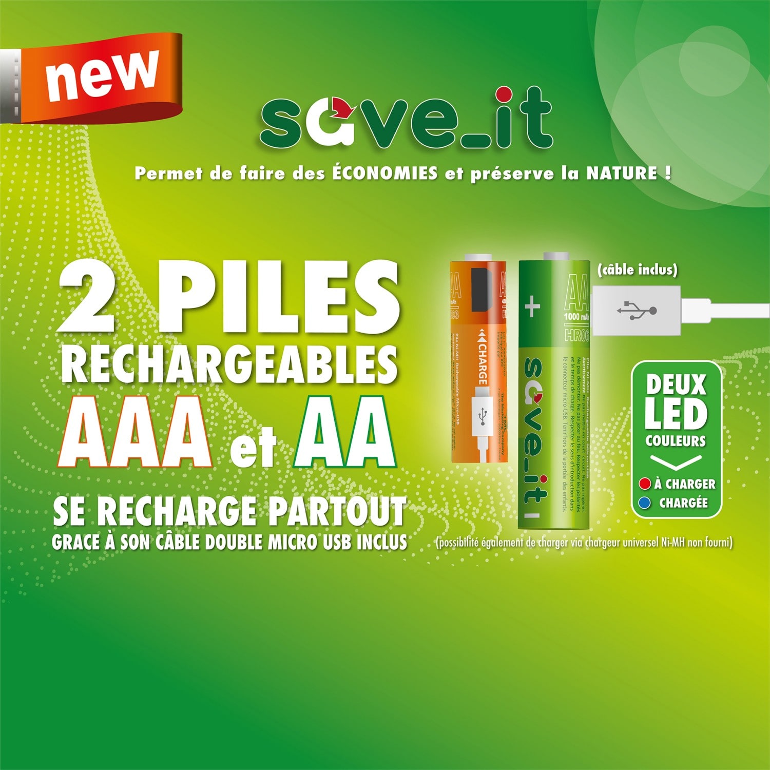 Présentoir SAVE_IT piles rechargeables USB (15 x 2xAAA + 15 x 2xAA)