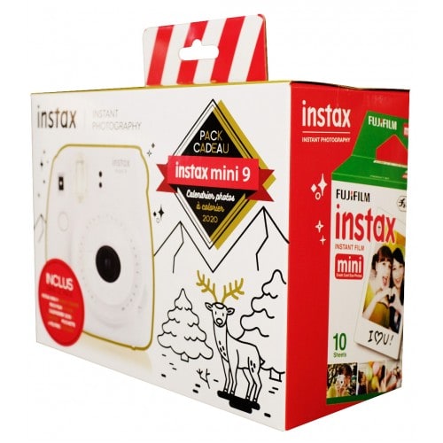 FUJI - Appareil photo instantané - "Pack Cadeau Calendrier 2020" + Instax Mini 9 Blanc cendré + 1 pack mini (10v) + 4 feutres couleur + 1 calendrier à colorier