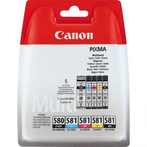 CANON - Cartouche d'encre Pixma - PGI-580 PGBK / CLI-581 BK/C/M/Y - Multipack de 5 encres (Noir pigmenté, Cyan, Magenta, Jaune, Noir)