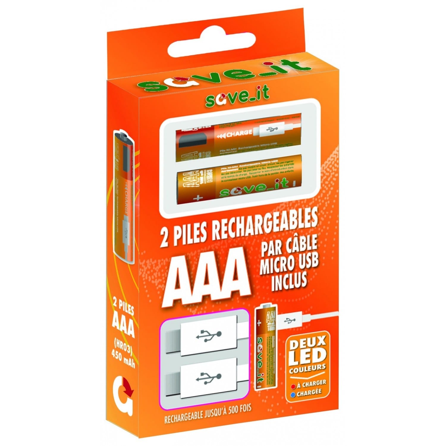 Piles rechargeables SAVE_IT en micro USB LR03 AAA - 450mAh (blister 2)