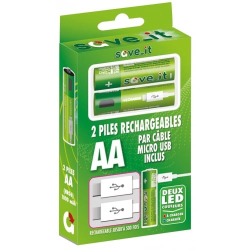 SAVE_IT - Piles rechargeables en micro USB LR6 AA - 1000mAh (blister 2)
