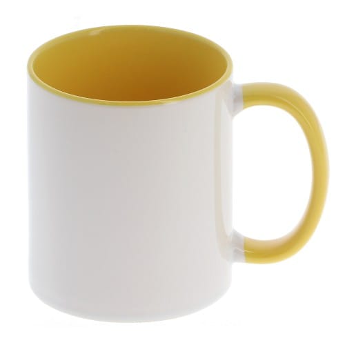 Mug céramique 330ml (11oz) Blanc/poignée et intérieur jaune - Qualité AAA - Diamètre 82mm - Vendu par 12