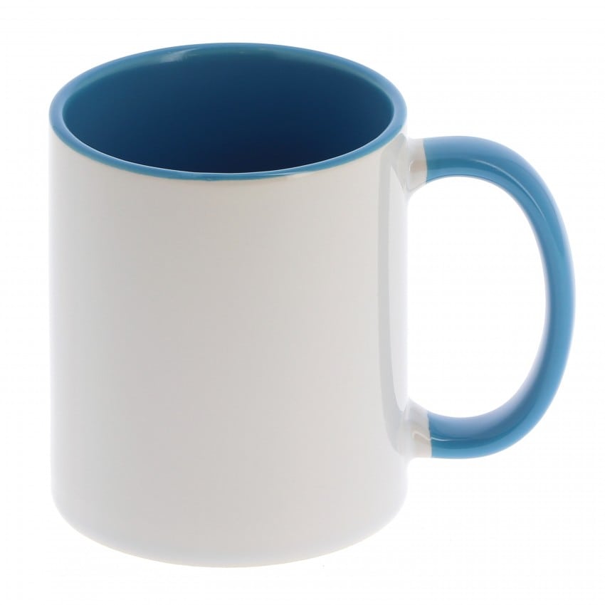 Mug céramique MB TECH 330ml (11oz) - Blanc/poignée et intérieur bleu clair - Certifié contact alimentaire - Diam. ext. 82mm/Haut