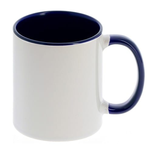 Mug céramique 330ml (11oz) Blanc/poignée et intérieur bleu foncé - Qualité AAA - Diamètre 82mm - Vendu par 12