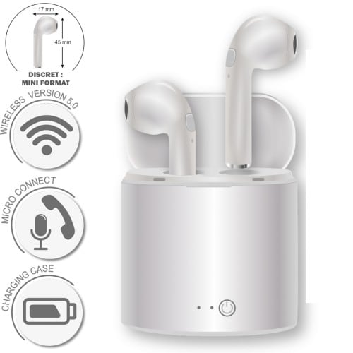GEEK MONKEY - Ecouteurs blancs Bluetooth version 5.0 - Livré avec boîtier de charge