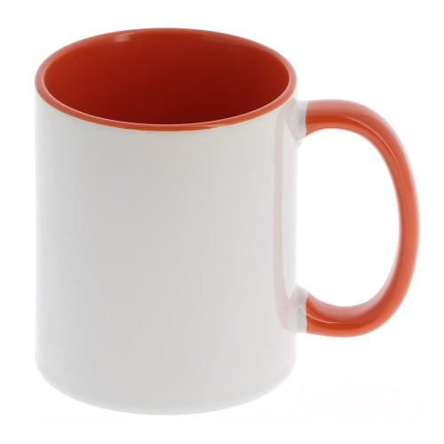 Mug céramique 330ml (11oz) Blanc/poignée et intérieur orange - Qualité AAA - Diamètre 82mm - Vendu par 12