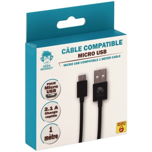 GEEK MONKEY - Câble USB-A 2.1 compatible Micro USB - Charge rapide - 1 mètre - Noir