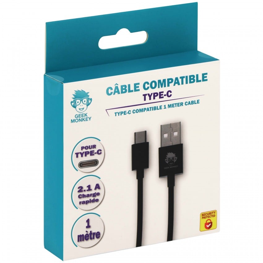 compatible Type-C et USB-A 2.1 - Charge rapide - 1 mètre - Noir