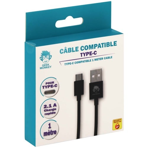 GEEK MONKEY - Câble USB-A 2.1 compatible USB-C - Charge rapide - 1 mètre - Noir