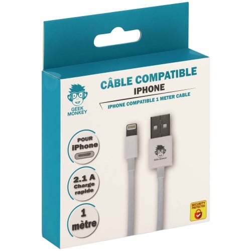 GEEK MONKEY - Câble USB-A 2.1 compatible IPhone Lightning - Charge rapide - 1 mètre - Blanc