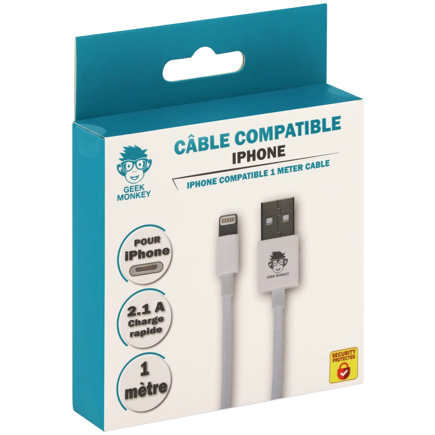 GEEK MONKEY - Câble USB-A 2.1 compatible IPhone Lightning - Charge rapide -  1 mètre - Blanc