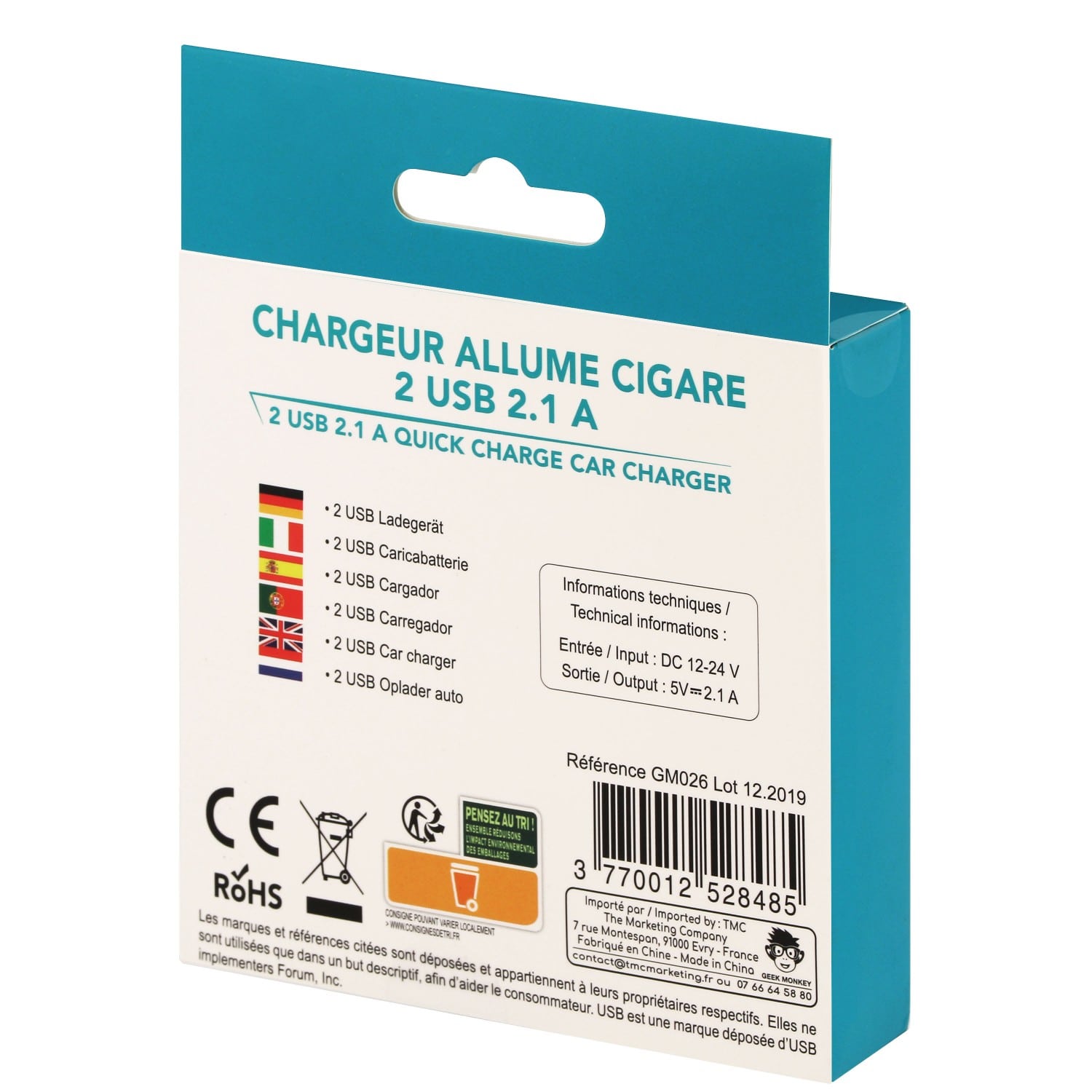 Chargeur GEEK MONKEY allume-cigare - 2x USB-A 2.1 - Charge rapide - Noir
