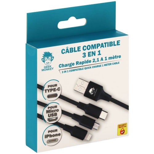 GEEK MONKEY - Câble USB-A 2.1 compatible 3 en 1 - Micro USB/IPhone Lightning et USB-C - Charge rapide - 1 mètre - Noir