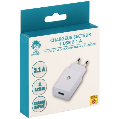 GEEK MONKEY - Chargeur secteur USB-A 2.1 - Charge rapide - Blanc