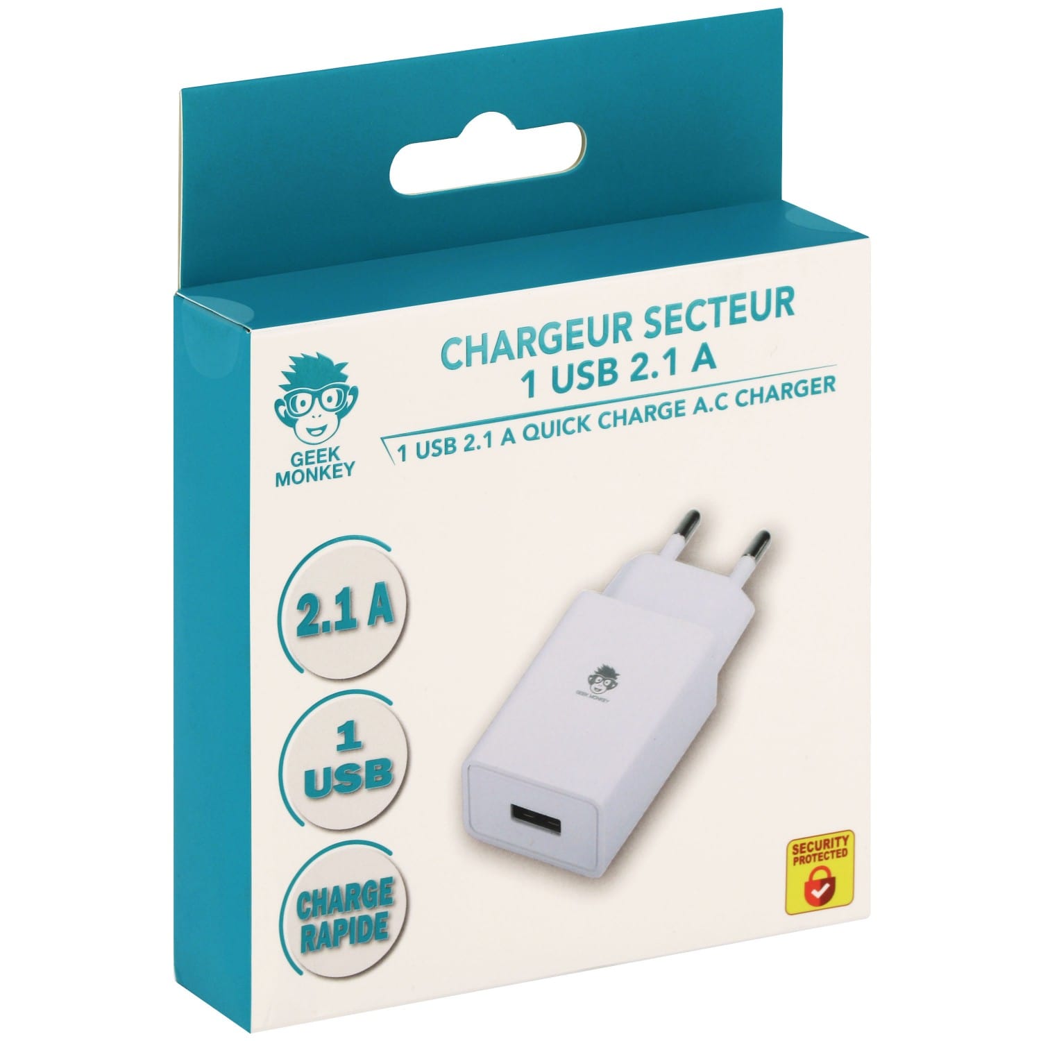 Chargeur GEEK MONKEY secteur USB-A 2.1 - Charge rapide - Blanc