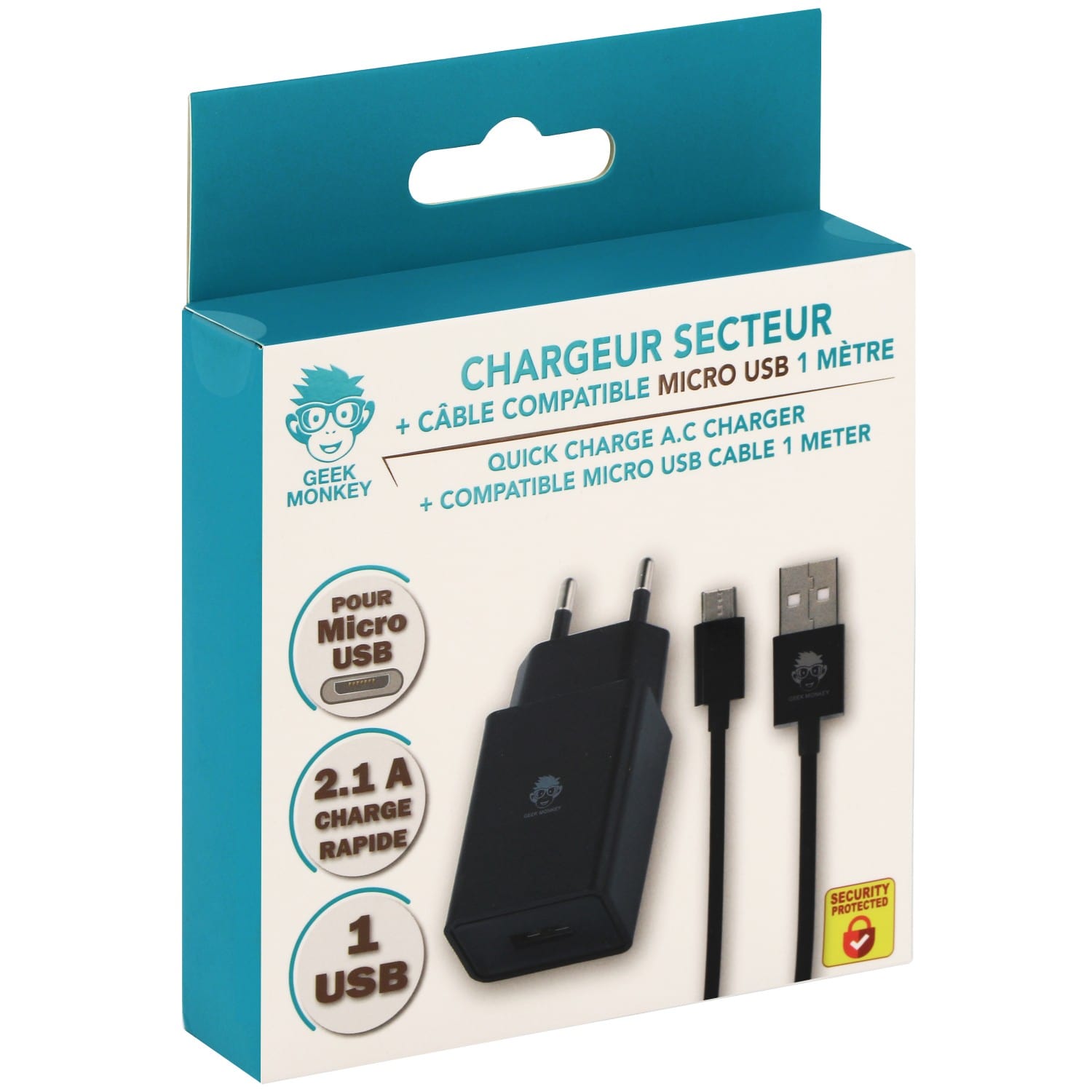 Chargeur GEEK MONKEY secteur USB-A 2.1 + câble Micro USB - 1 mètre - Noir