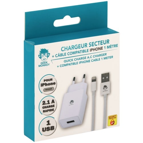 GEEK MONKEY - Chargeur secteur USB-A 2.1 + câble IPhone Lightning - 1 mètre - Blanc