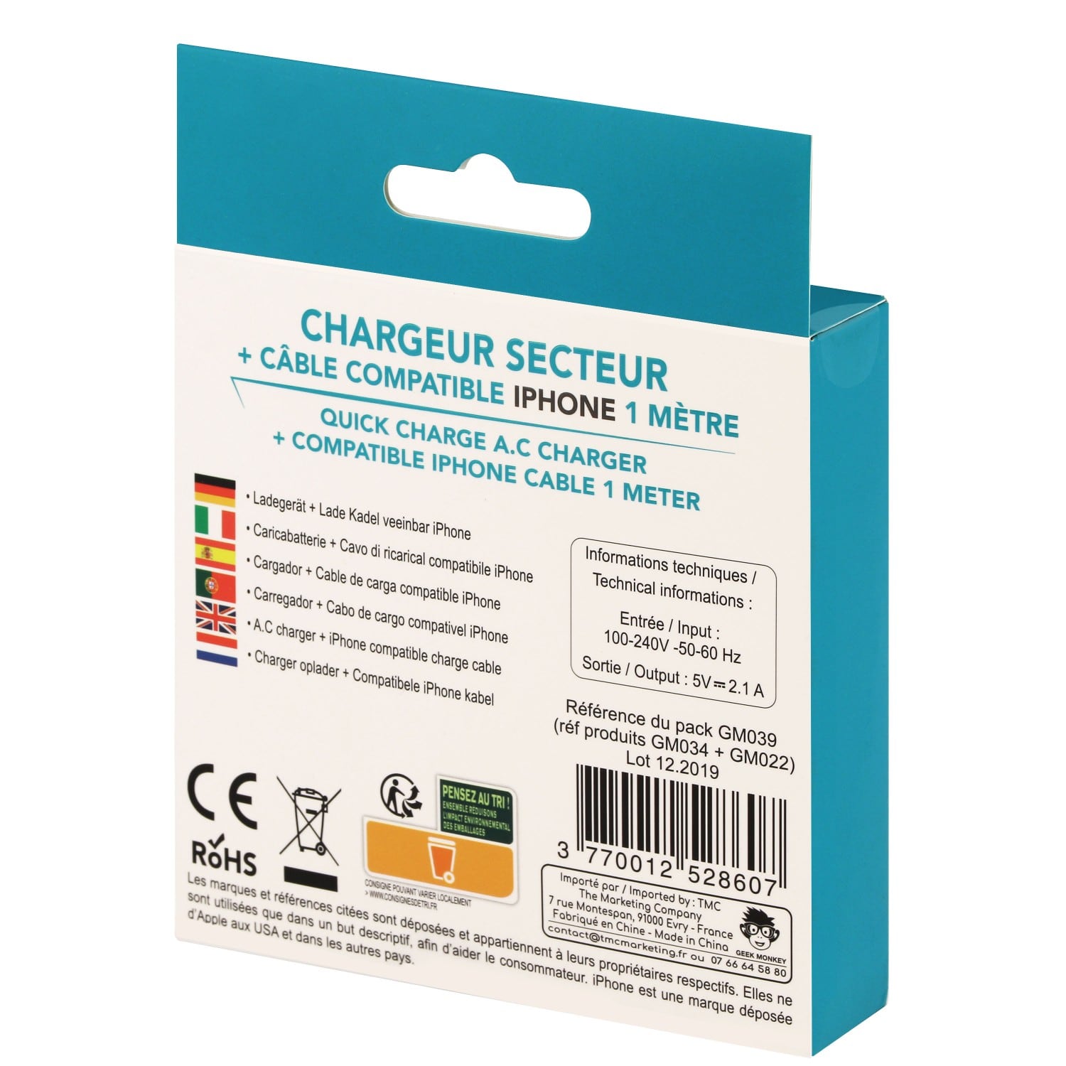 Chargeur secteur entrée USB + câble compatible iPhone 5 - Blanc