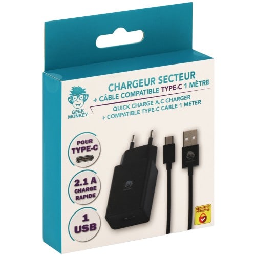 Chargeur secteur 1 USB 2.1 A noir + câble compatible Type-C 1m noir *