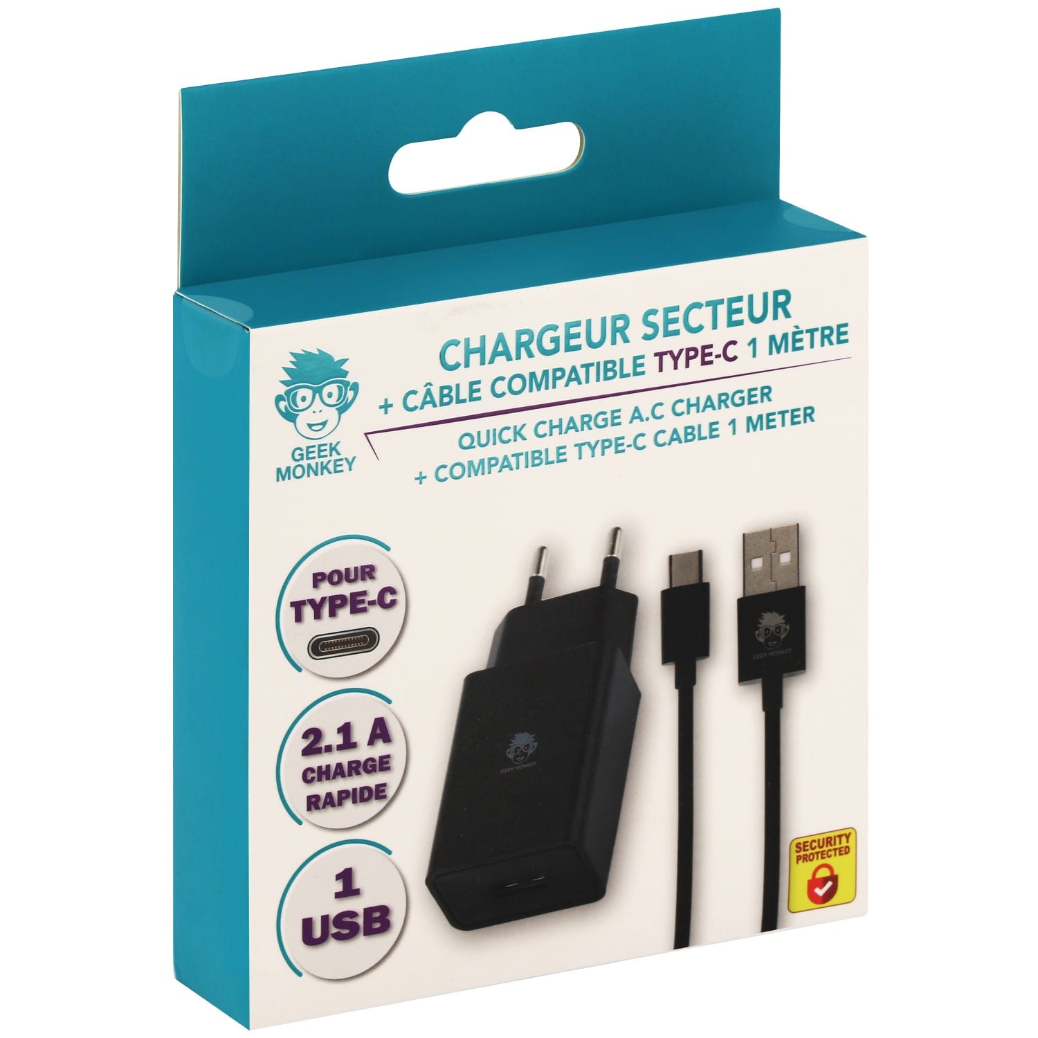 Chargeur GEEK MONKEY secteur USB-A 2.1 + câble compatible USB-C - 1 mètre -  Noir