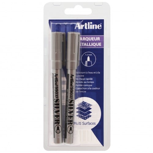 ARTLINE - Marqueur permanent indélébile - Pointe 1,2mm - Couleur argent - Blister de 2