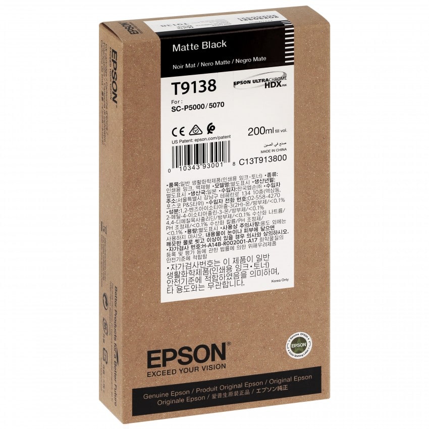 Cartouche d'encre traceur EPSON SC-P5000 - Noir Mat - 200ml - T9138