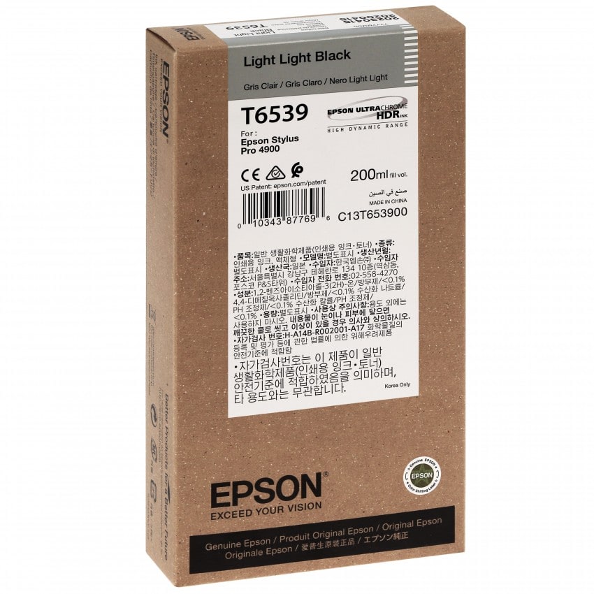 Cartouche d'encre traceur EPSON T6539 Pour imprimante 4900 Gris clair - 200ml