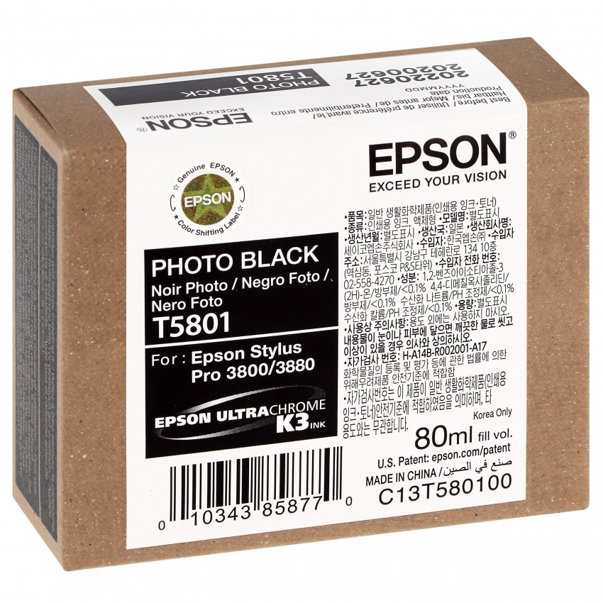 Cartouche d'encre traceur EPSON T5801 Pour imprimante 3800/3880 Noir Photo - 80ml