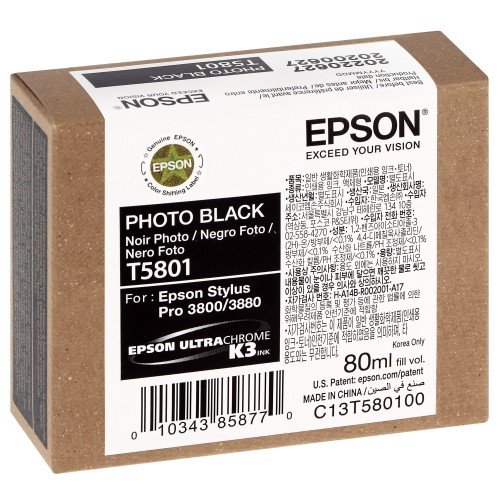 EPSON - Cartouche d'encre traceur T5801 Pour imprimante 3800/3880 Noir Photo - 80ml