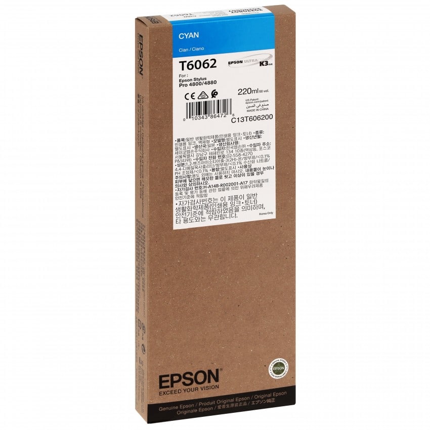 Cartouche d'encre traceur EPSON T6062 Pour imprimante 4800/4880 Cyan - 220ml