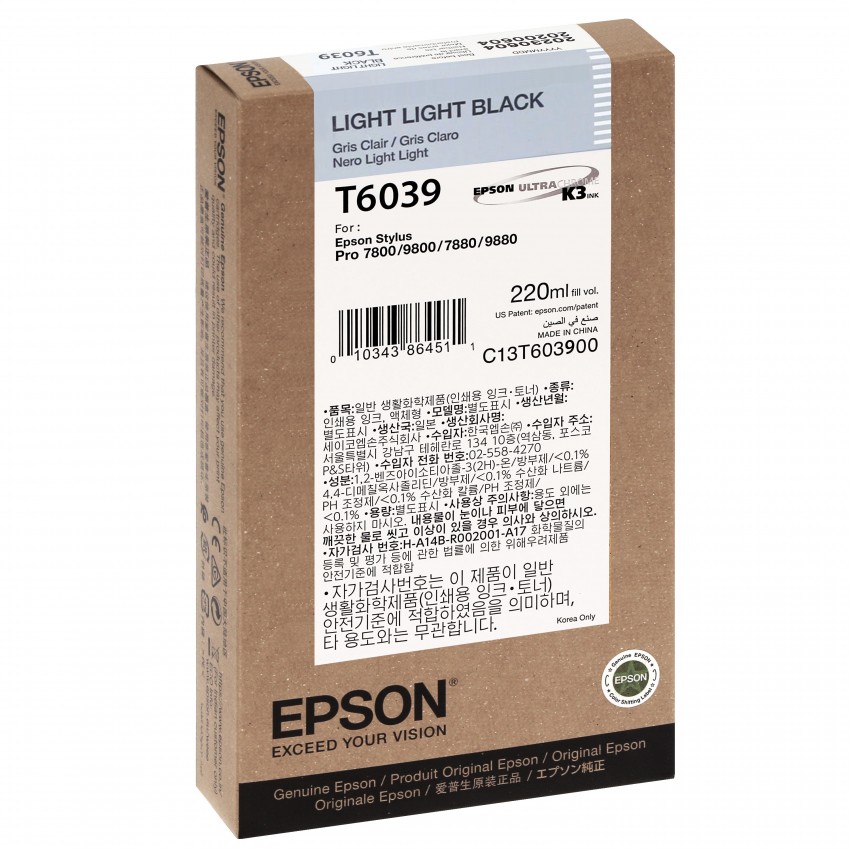 Cartouche d'encre traceur EPSON T6039 Pour imprimante 7800/7880/9800/9880 Gris clair - 220ml