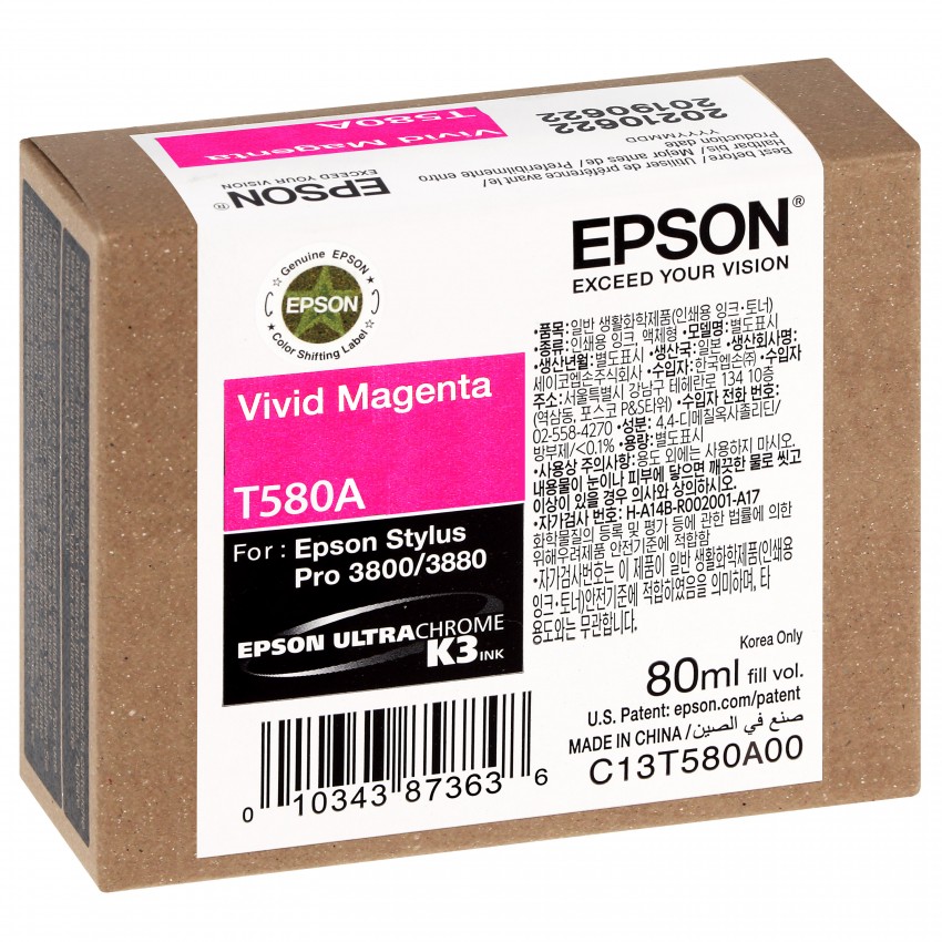 Cartouche d'encre traceur EPSON T580A Pour imprimante 3880 Vivid Magenta - 80 ml