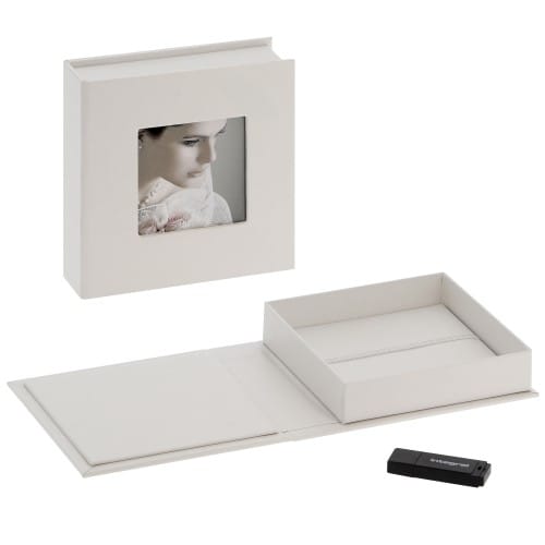 DEKNUDT - Boîte de rangement pour clé USB & photos en simili cuir blanc (clé USB vendue séparément)