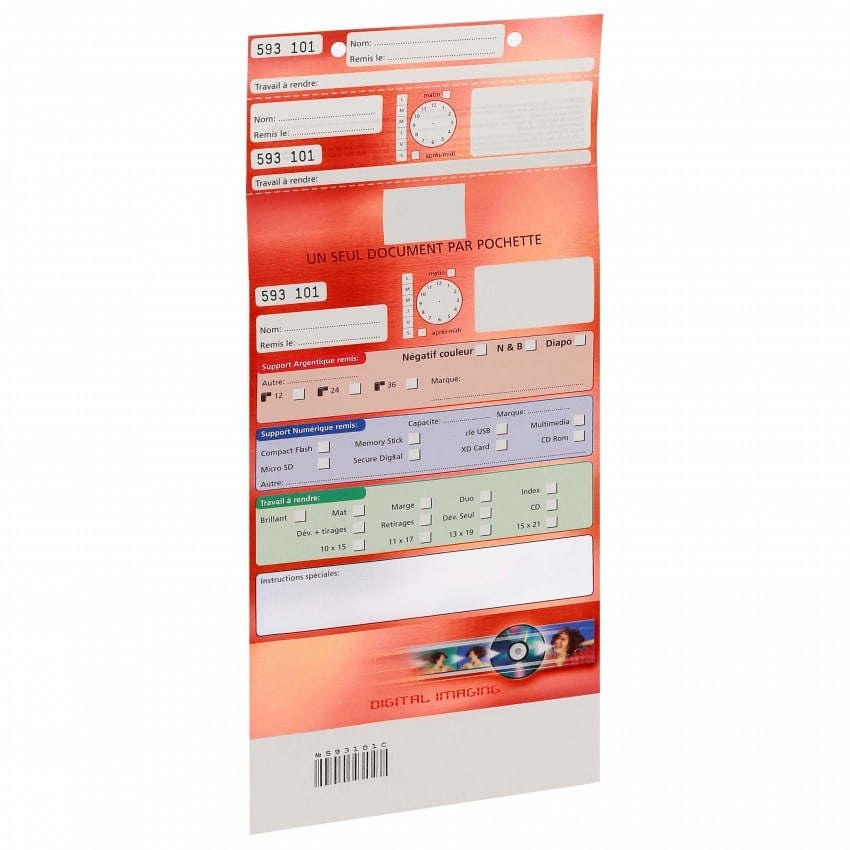 Pochette d'ordre MB TECH Digital Imaging - Rouge - Largeur 16,5cm - Carton de 500 (avec code barre et ticket client détachable)
