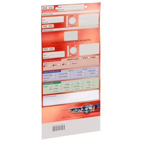Pochette d'ordre Digital Imaging - Rouge - Largeur 16,5cm - Carton de 500 (avec code barre et ticket client détachable)