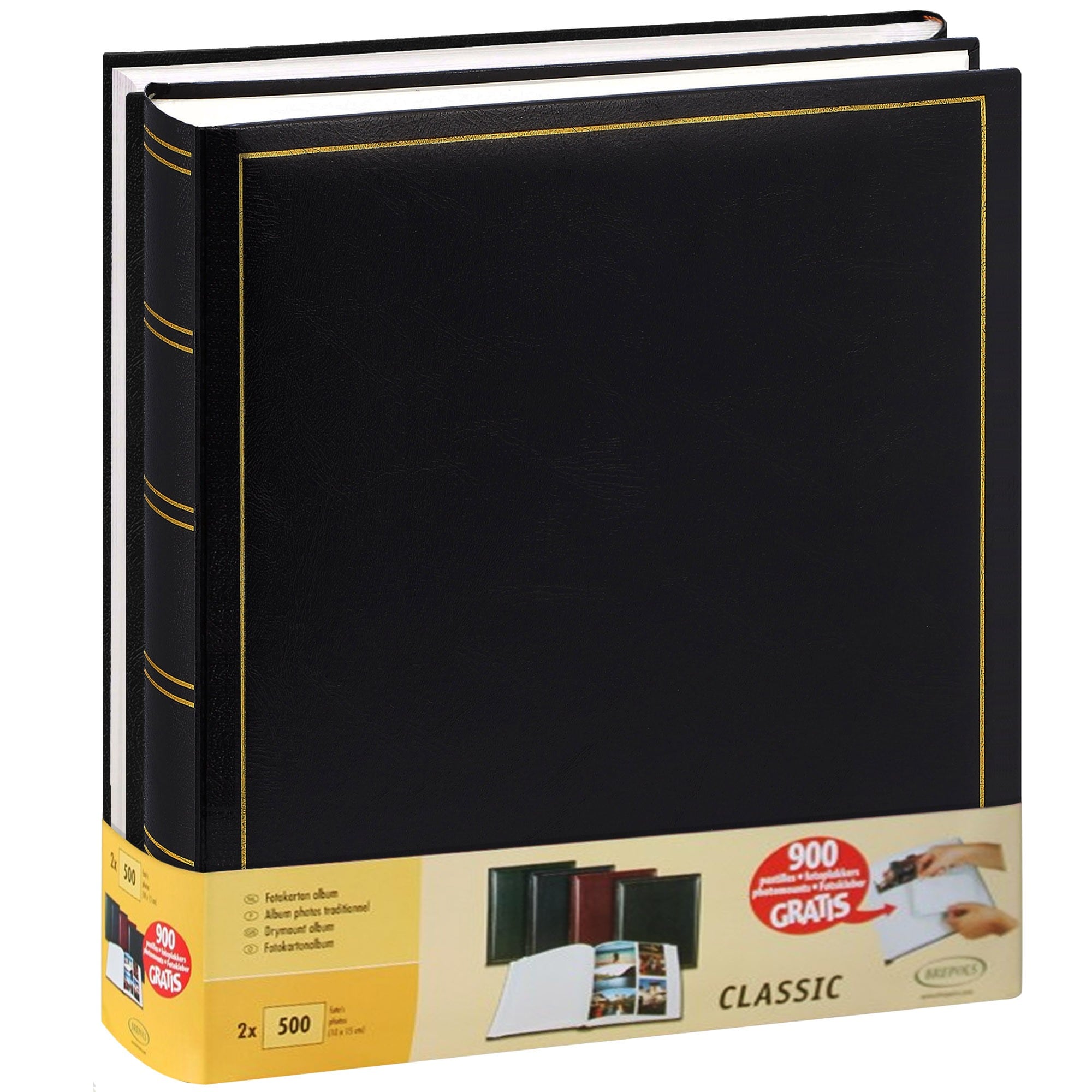 BREPOLS - Album photo traditionnel  JUMBO - 100 pages blanches + feuillets cristal - 500 photos - Couverture Noire 29x32cm - Lot de 2 + 900 pastilles