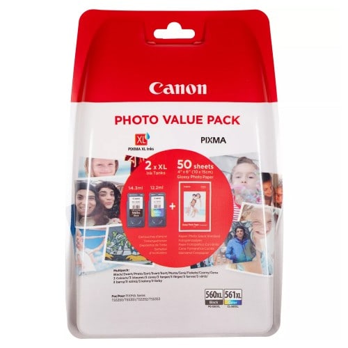 CANON - Cartouche d'encre Pixma - PG-560XL / CL-561XL - Multipack de 2 encres (Noir pigmenté, Cartouche couleur Cyan, Magenta, Jaune) + 50 feuilles 10x15