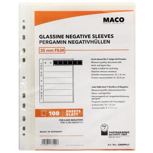 MACO - Feuillets de classement A4 - en papier cristal (pergamine) pour négatif 135 - Paquet de 100