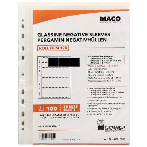 MACO - Feuillets de classement A4 - en papier cristal (pergamine) pour négatif 120 - Paquet de 100