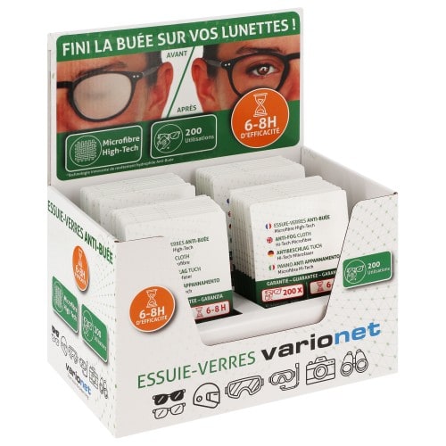 VARIONET - Essuie-verres Microfibre Anti-Buée - Présentoir de comptoir 40 Essuie-verres Verts - Format 15 x18cm - 6 à 8 h de protection - pour 200 utilisations